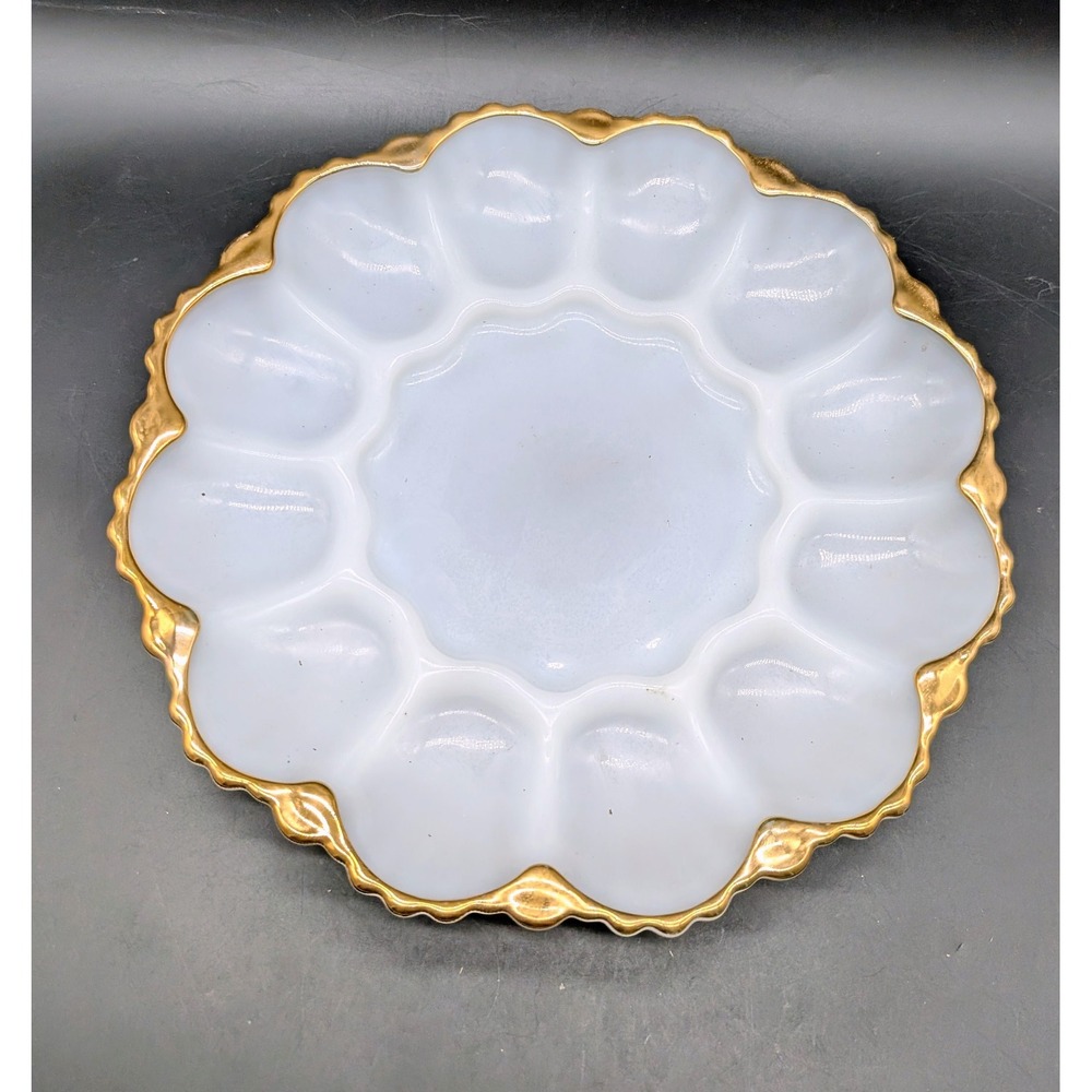 Anchor Hocking Milk Glass Deviled Egg Plate Gold Trim Scalloped Vintage 10 inch